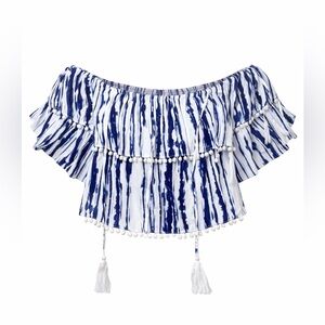 Derek Heart Navy and White Off-Shoulder Pom-Pom Tassel Top